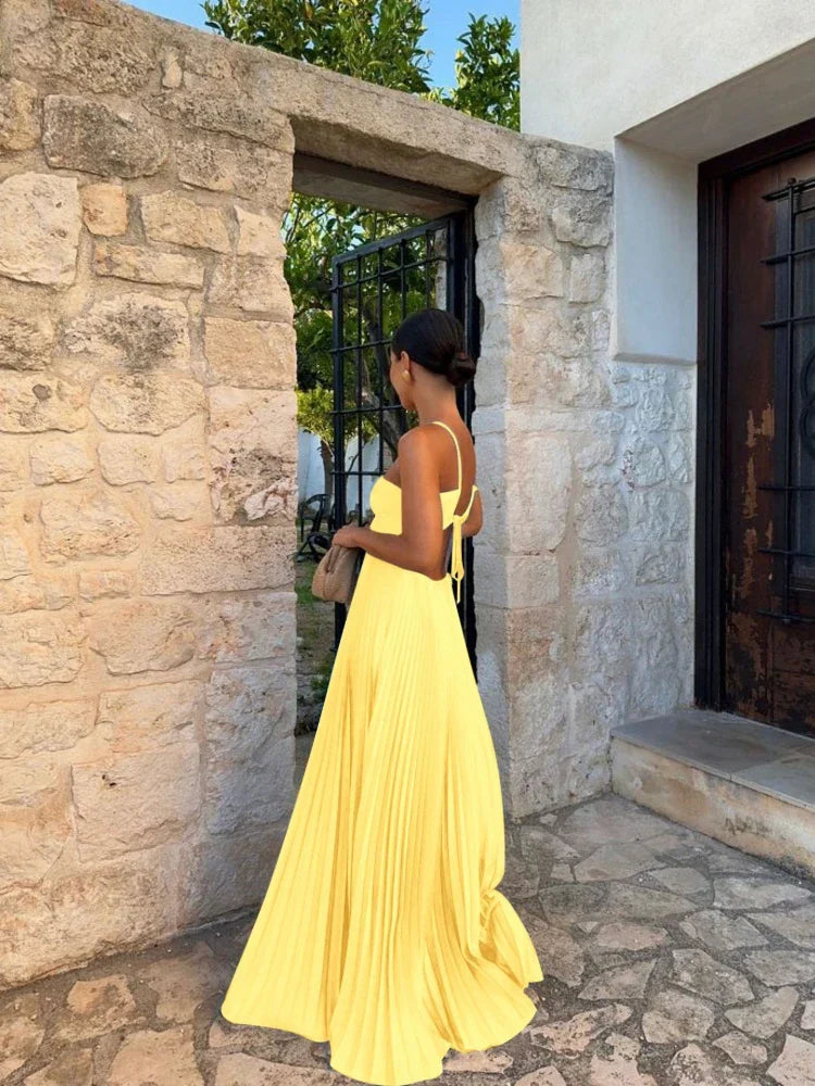 Pleated A-Line Maxi Dress for Women - Halter Strappy - Image 4