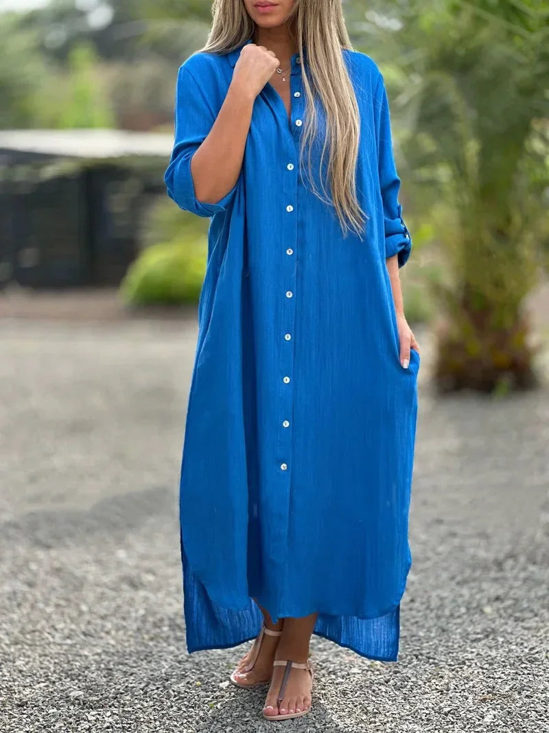 Button-Down Maxi Shirt Dress for Women - Long Sleeve Collared - Oversized Fit Roll-Up Sleeve - Image 6
