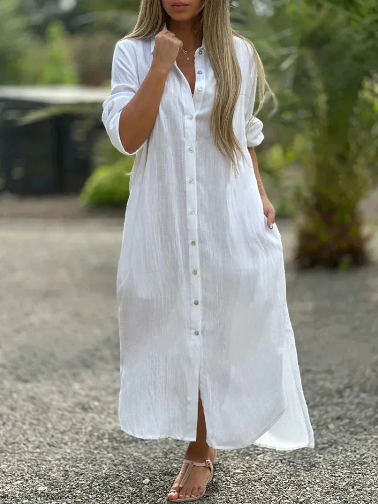 Button-Down Maxi Shirt Dress for Women - Long Sleeve Collared - Oversized Fit Roll-Up Sleeve - Image 2