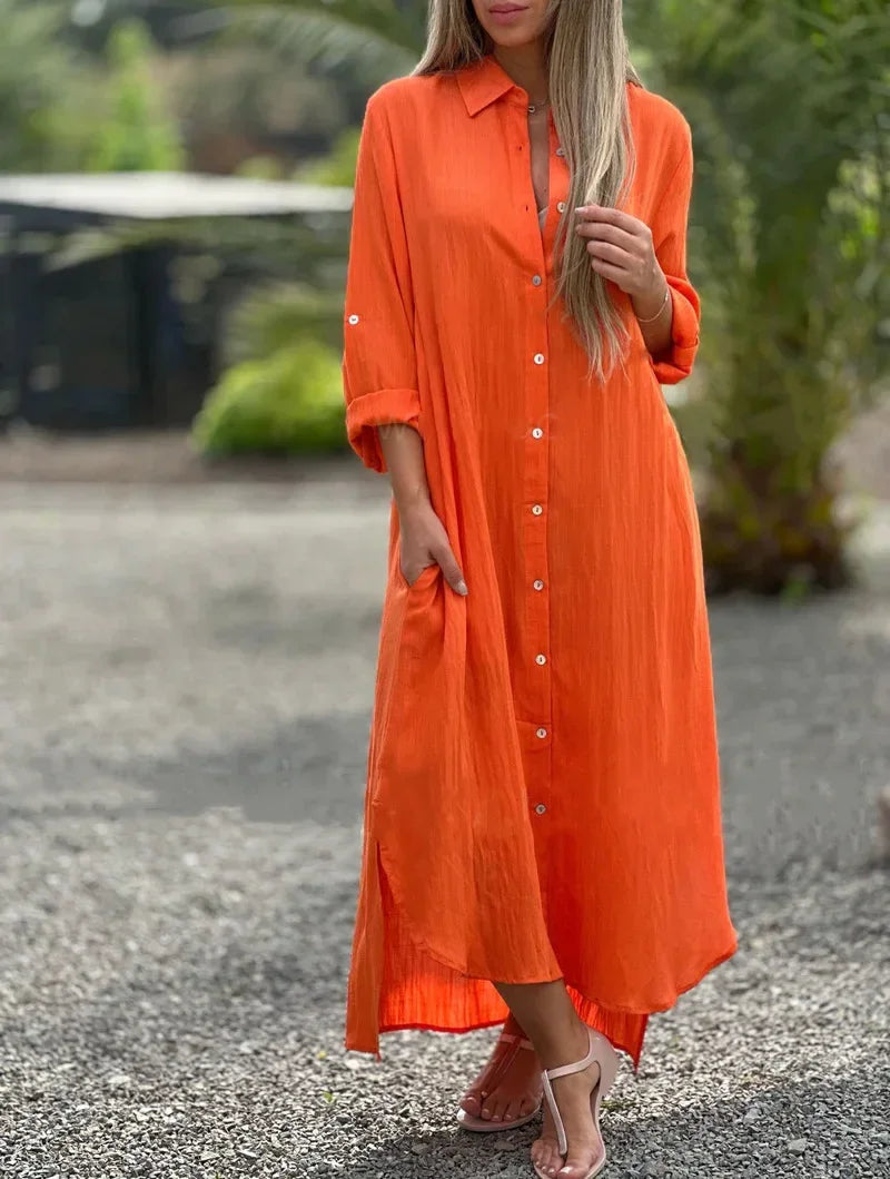 Button-Down Maxi Shirt Dress for Women - Long Sleeve Collared - Oversized Fit Roll-Up Sleeve - Image 3