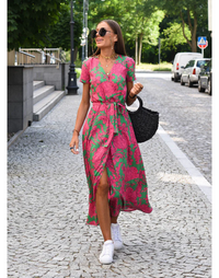 Floral Wrap Midi Dress for Women - Short Sleeve Tie Waist - Image 5