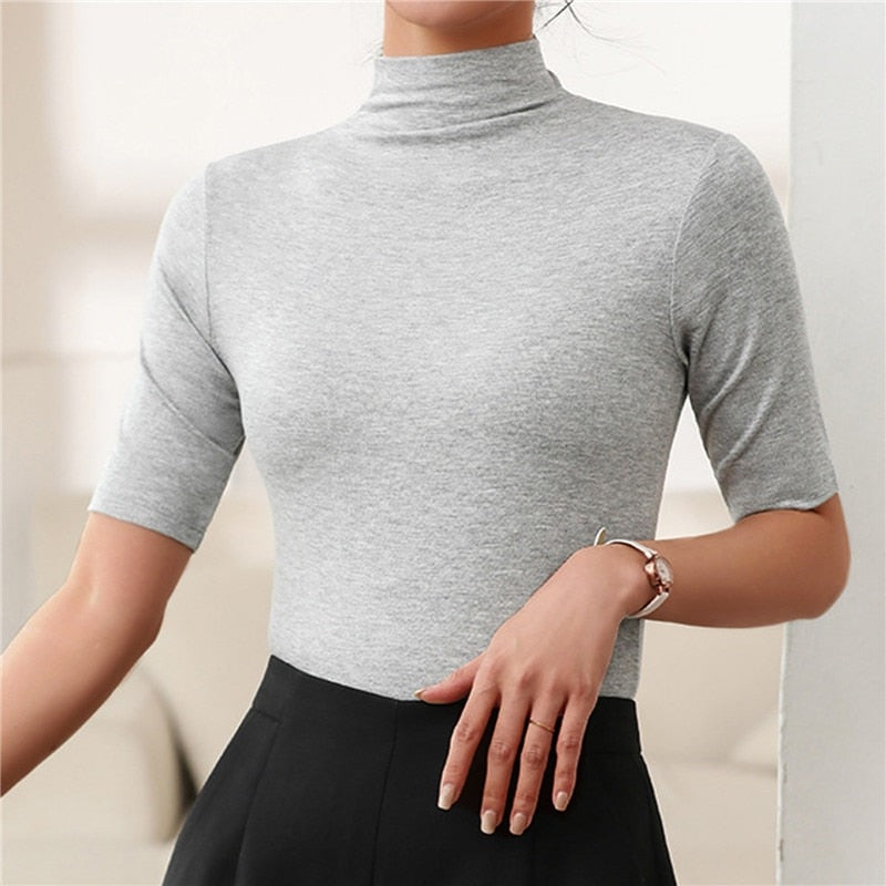 Fitted Turtleneck Top for Women - Elbow Sleeve - Image 3