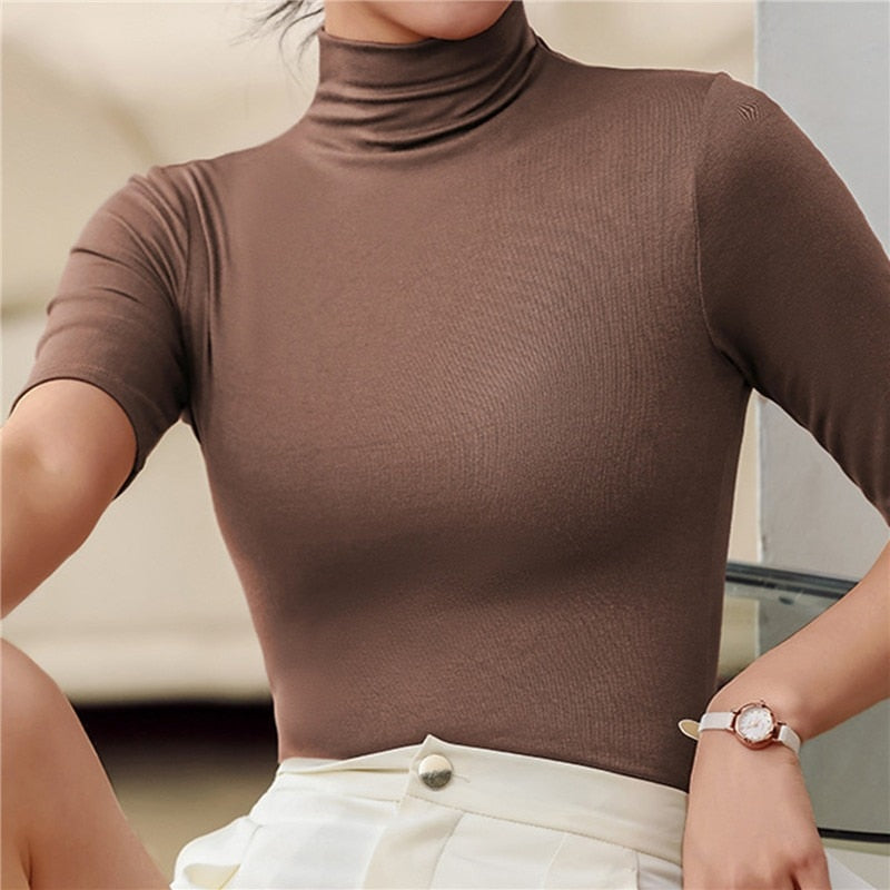 Fitted Turtleneck Top for Women - Elbow Sleeve - Image 4