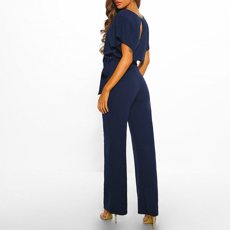 Wide Leg Jumpsuit for women - Belted Short Sleeve - Keyhole Back High Waisted - Image 1