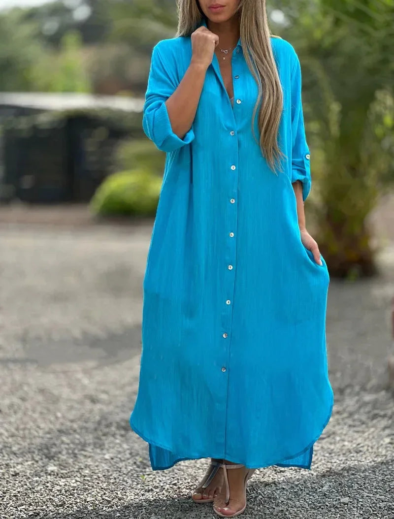 Button-Down Maxi Shirt Dress for Women - Long Sleeve Collared - Oversized Fit Roll-Up Sleeve - Image 7