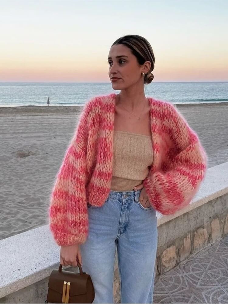 Oversized Chunky Knit Cardigan for women - Cropped Color Block - Geometric Striped Sleeve - Image 4