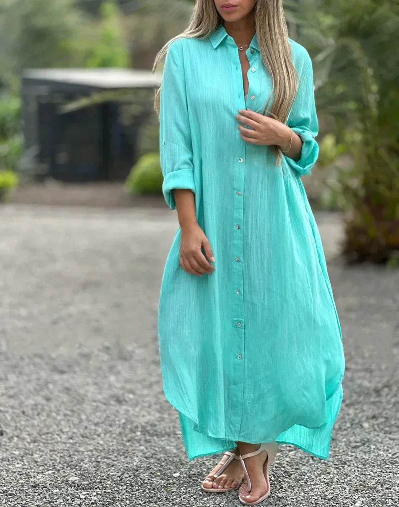 Button-Down Maxi Shirt Dress for Women - Long Sleeve Collared - Oversized Fit Roll-Up Sleeve - Image 1