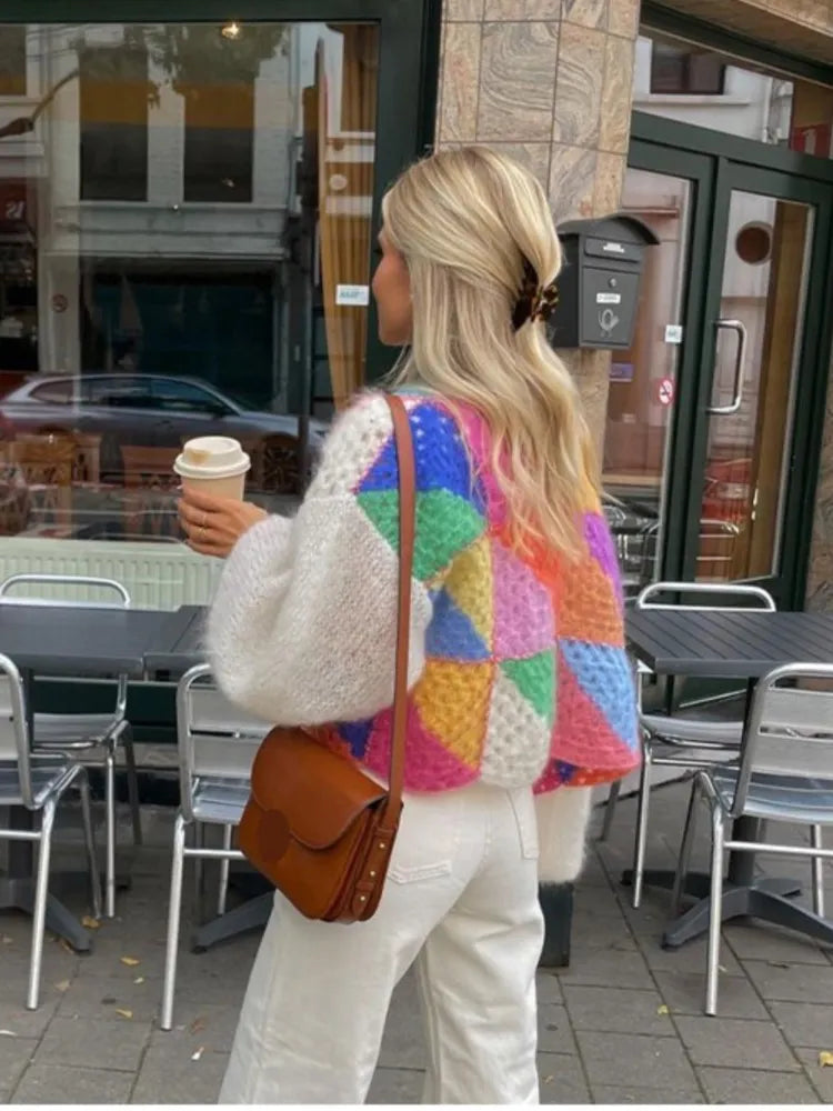 Oversized Chunky Knit Cardigan for women - Cropped Color Block - Geometric Striped Sleeve - Image 1