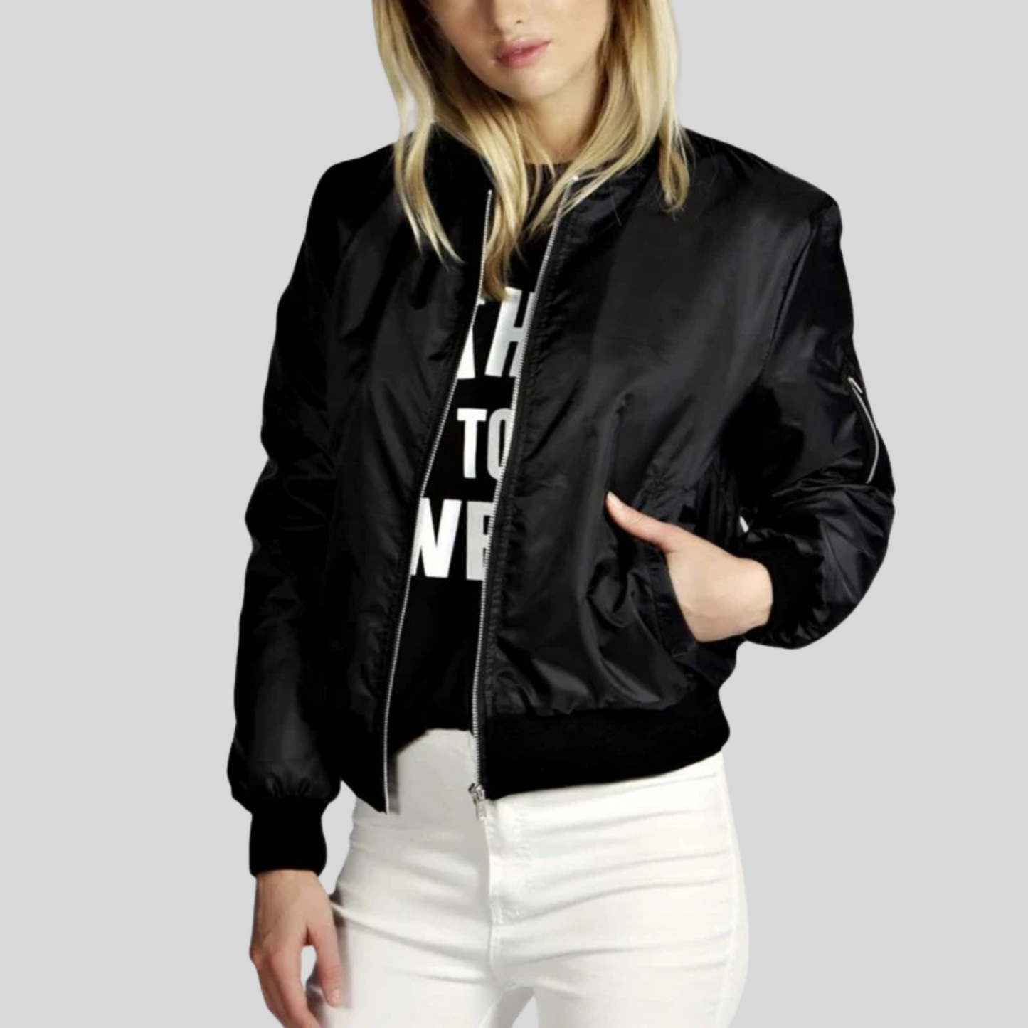Bomber Jacket for Women - Ribbed Trim - Image 1