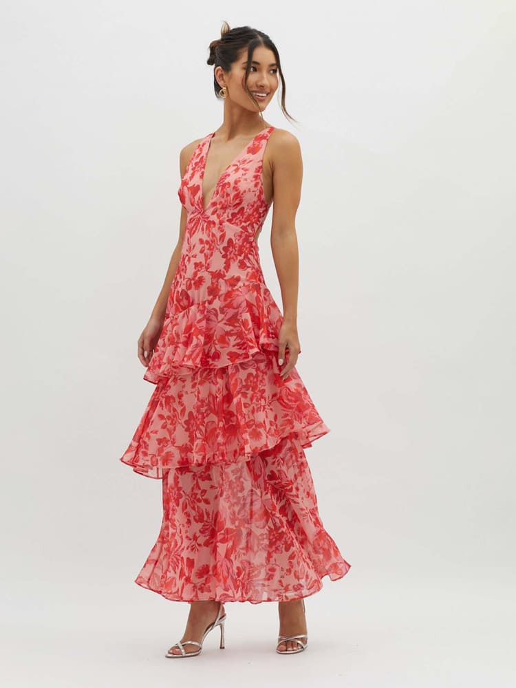 Floral Tiered Maxi Dress for women - V-Neck Backless - Image 4