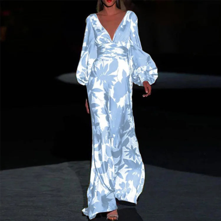 Floral Maxi Dress for Women - V-Neck Long Sleeve - Image 1