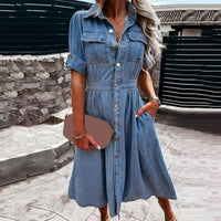 Denim Shirt Dress for women - Button-Down A-Line - Short Sleeve Collared - Elastic Waist - Image 2
