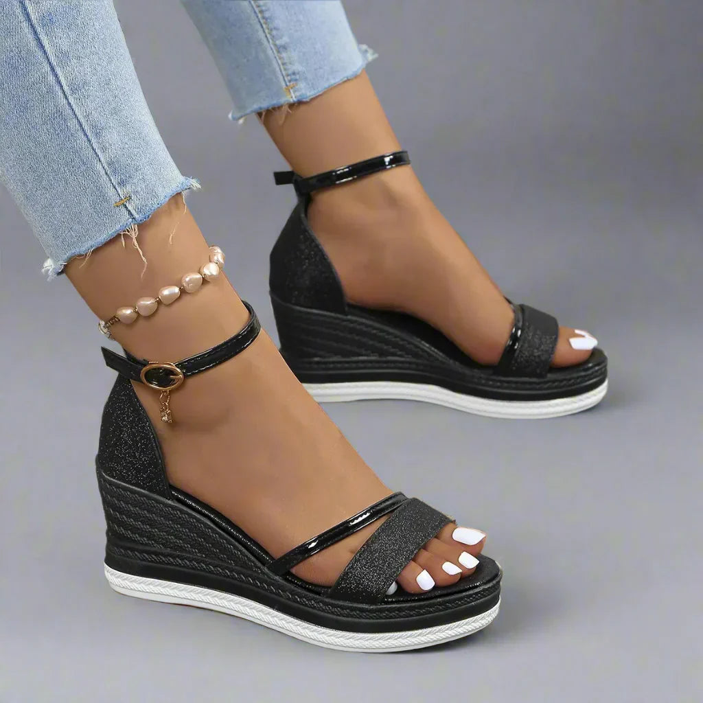 Glitter Wedge Sandals for Women - Ankle Strap Platform - Image 3