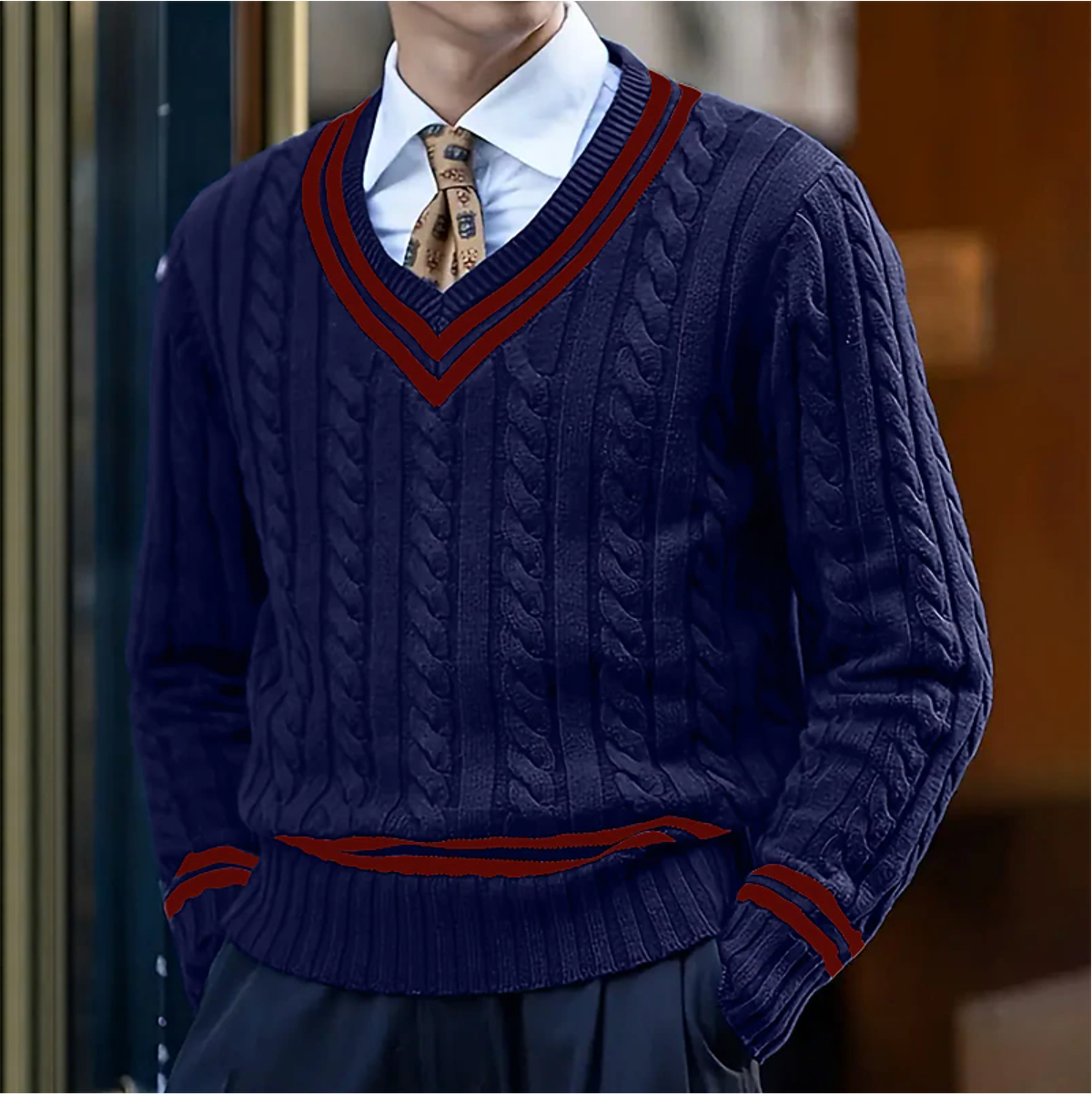 Cable Knit V-Neck Sweater for Men - Long Sleeve - Image 4