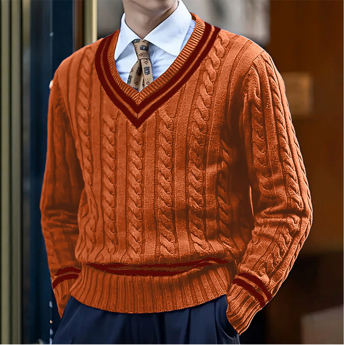Cable Knit V-Neck Sweater for Men - Long Sleeve - Image 3