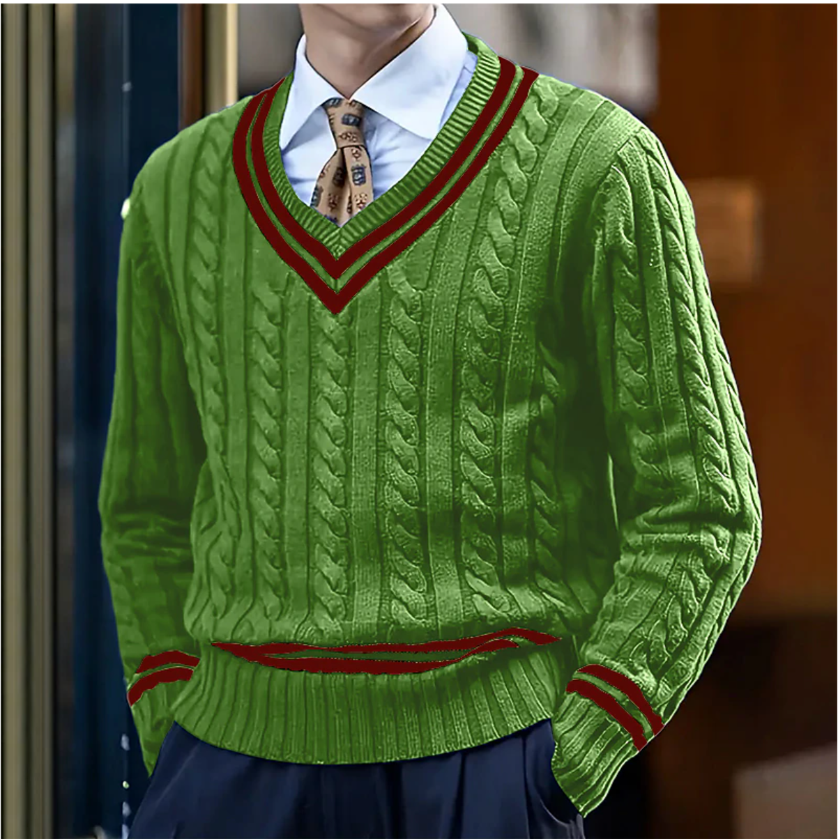 Cable Knit V-Neck Sweater for Men - Long Sleeve - Image 2