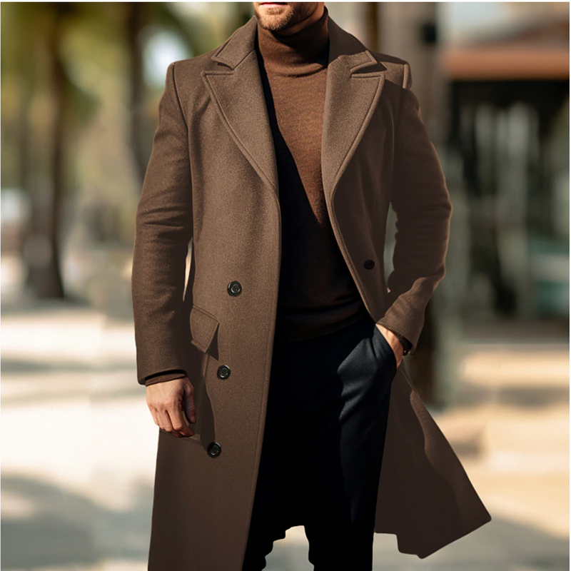 Double-Breasted Long Coat for Men - Notch Lapel - Image 1