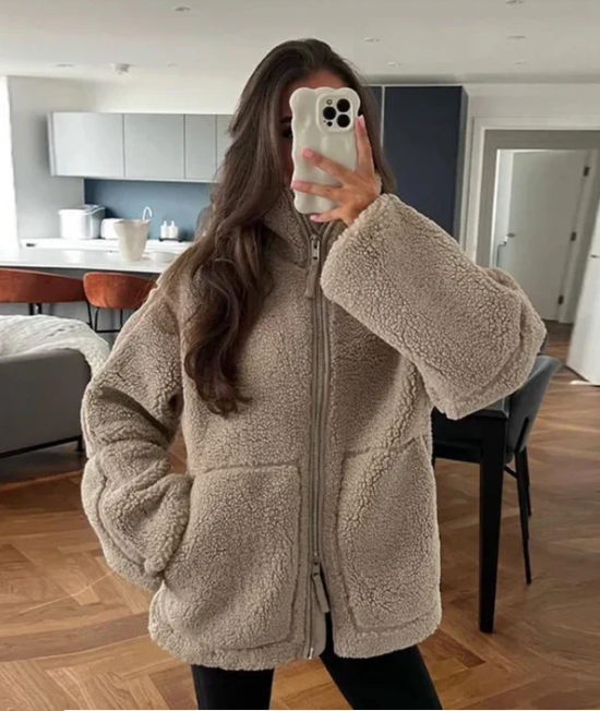 Sherpa Zip-Up Jacket for Women - High Collar - Image 7