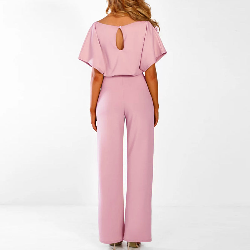 Wide Leg Jumpsuit for women - Belted Short Sleeve - Keyhole Back High Waisted - Image 2