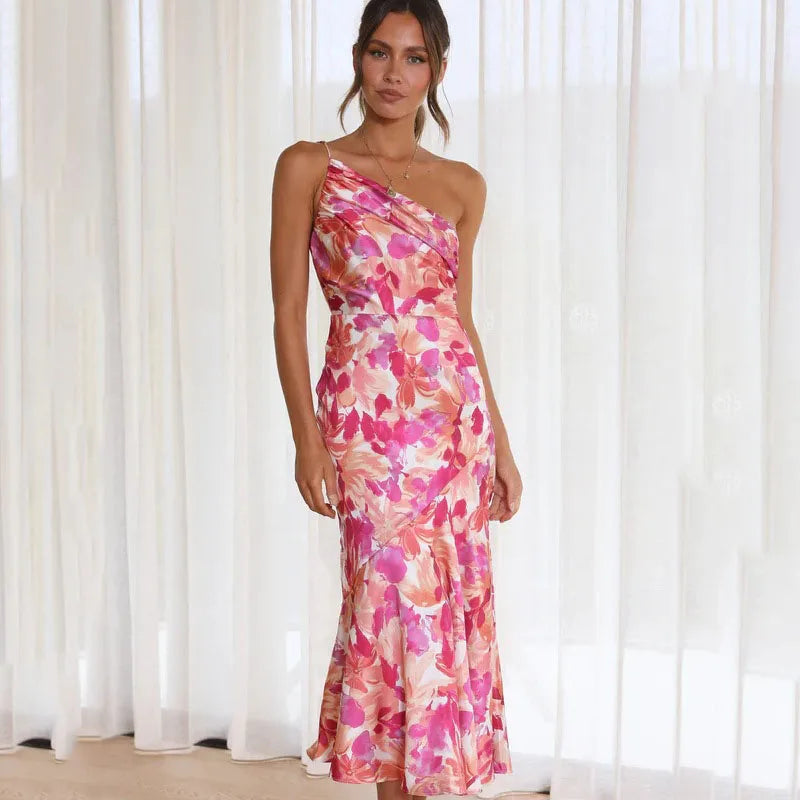 Floral One Shoulder Midi Dress for Women - A-Line Party - Image 1