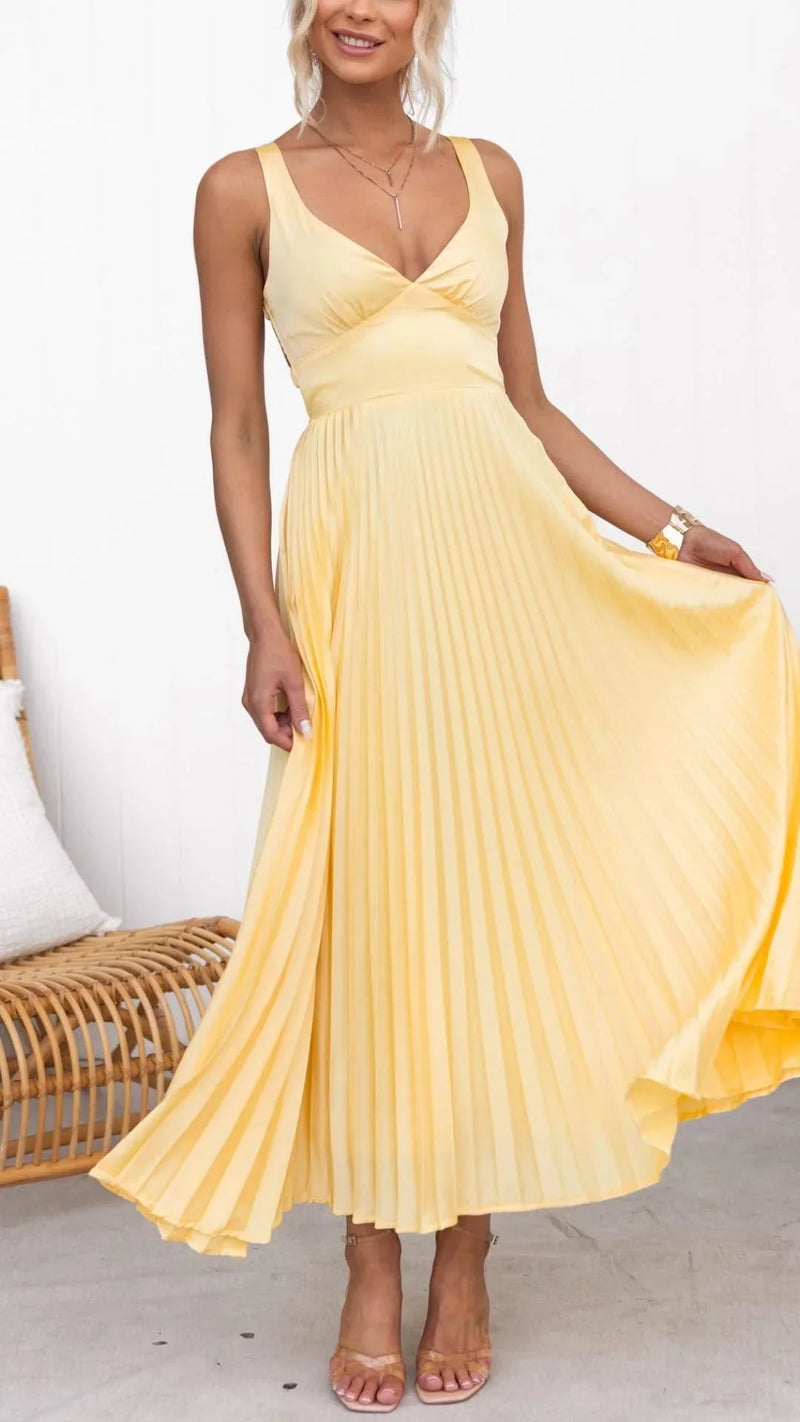 Yellow A-Line Maxi Dress for Women - Pleated Open Back - Image 1