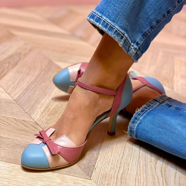 Ankle Strap Heels for women - Bow Heels Pointed Toe - Mid Heel Color Block - Image 1