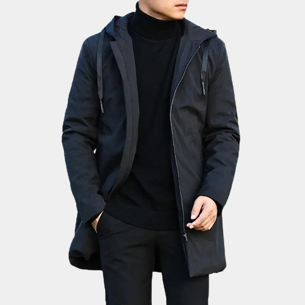 Hooded Mid-Length Coat for Men - Zip-Up - Image 5