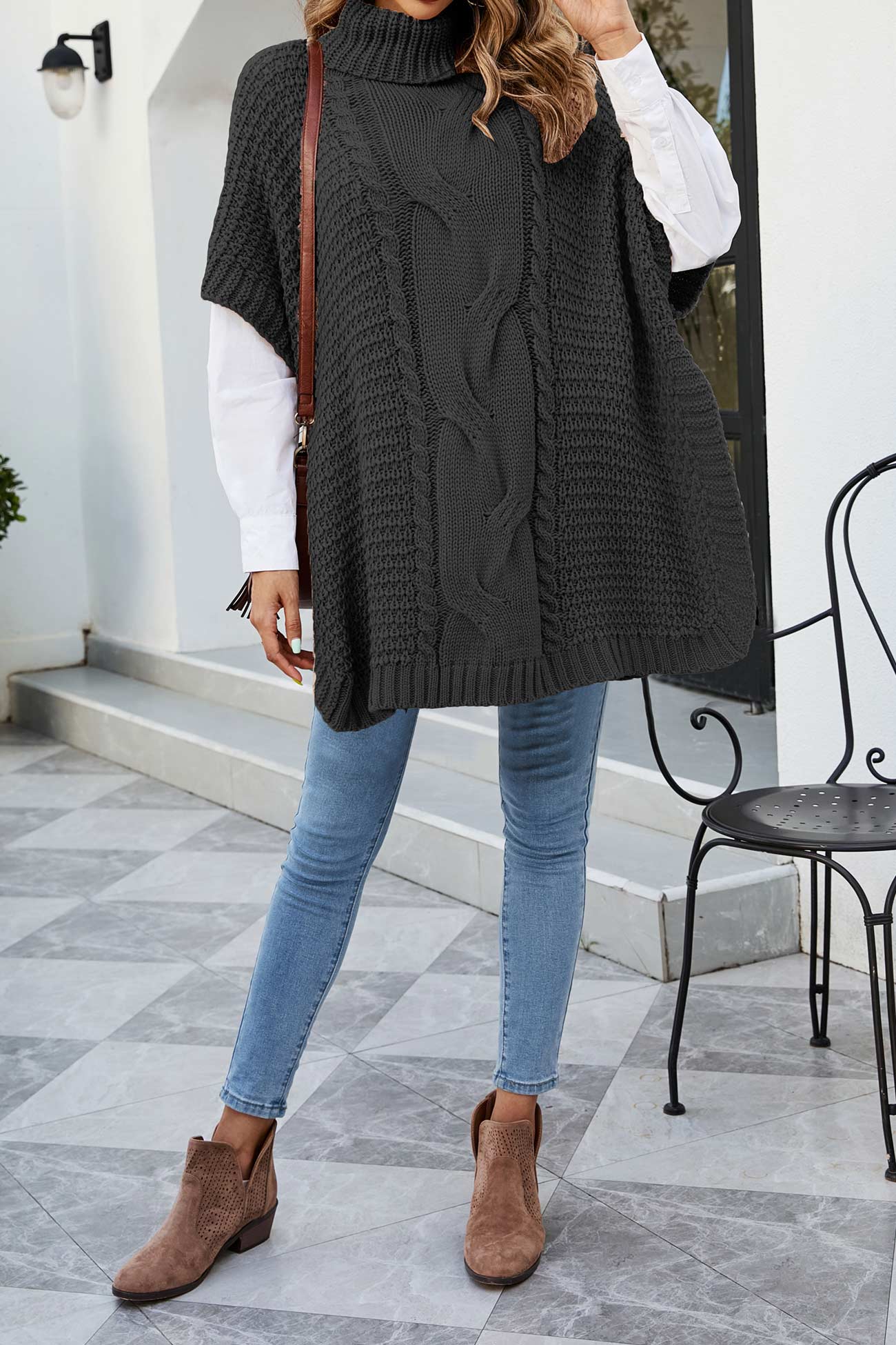 Cable Knit Poncho Sweater for Women - Turtleneck - Image 9
