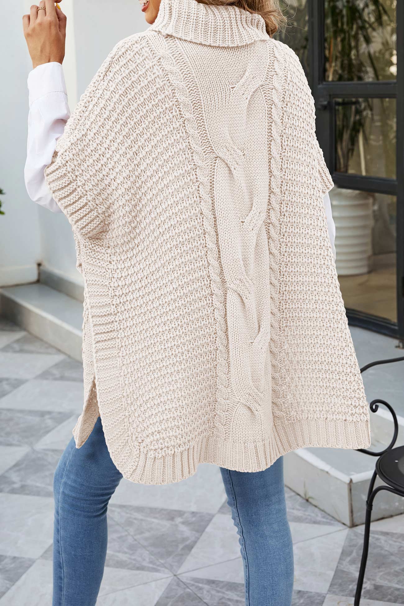 Cable Knit Poncho Sweater for Women - Turtleneck - Image 4