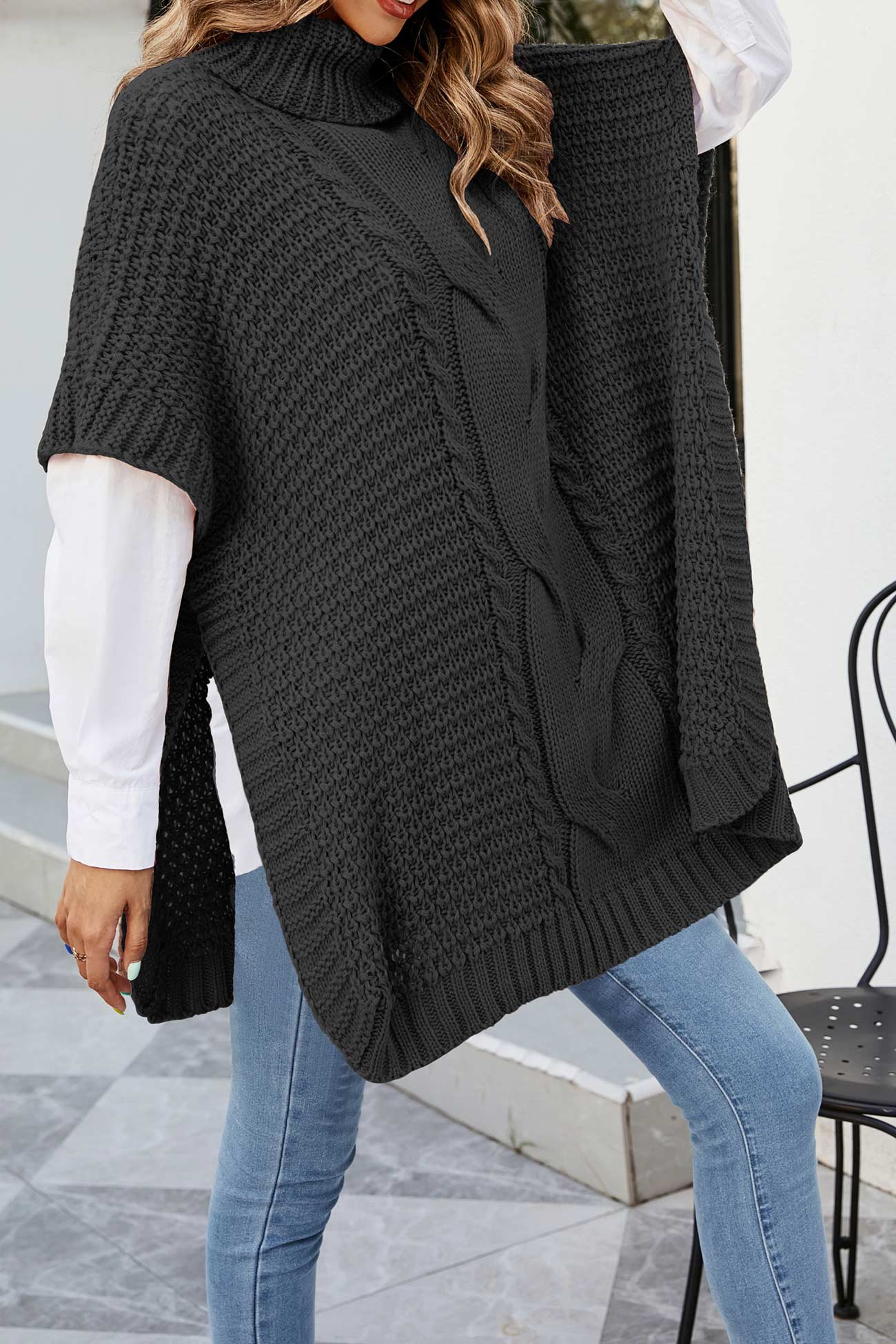 Cable Knit Poncho Sweater for Women - Turtleneck - Image 10