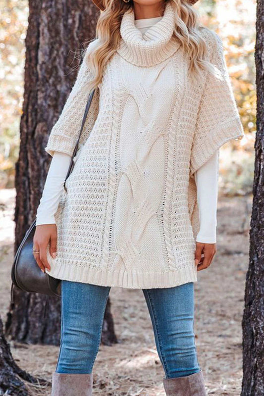 Cable Knit Poncho Sweater for Women - Turtleneck - Image 1