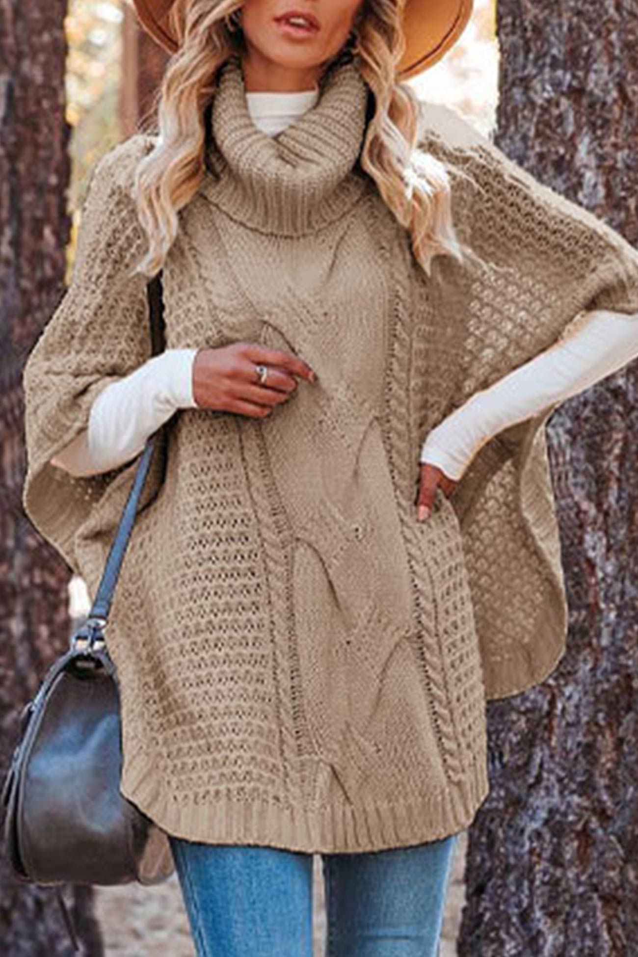 Cable Knit Poncho Sweater for Women - Turtleneck - Image 5