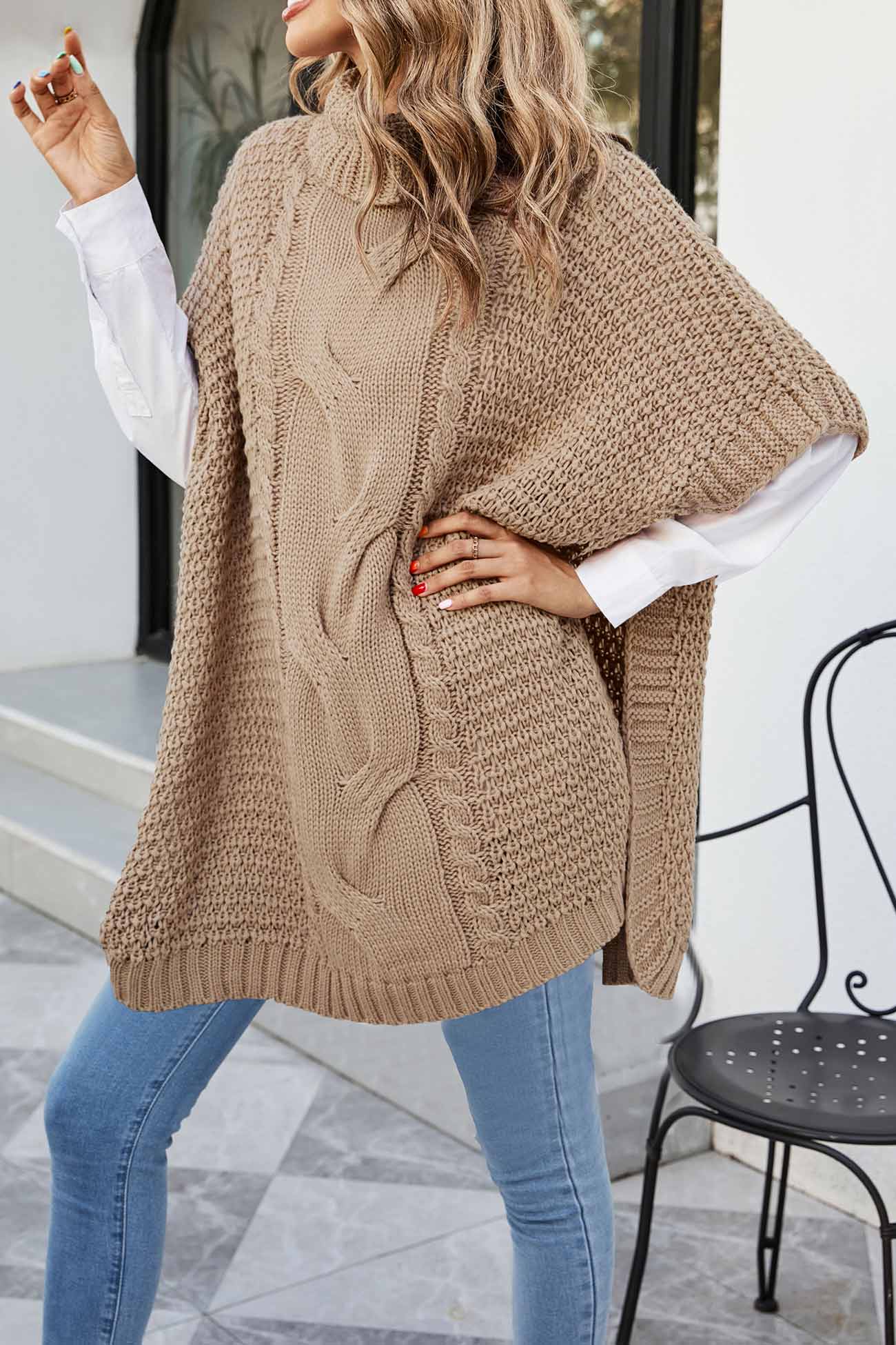 Cable Knit Poncho Sweater for Women - Turtleneck - Image 6