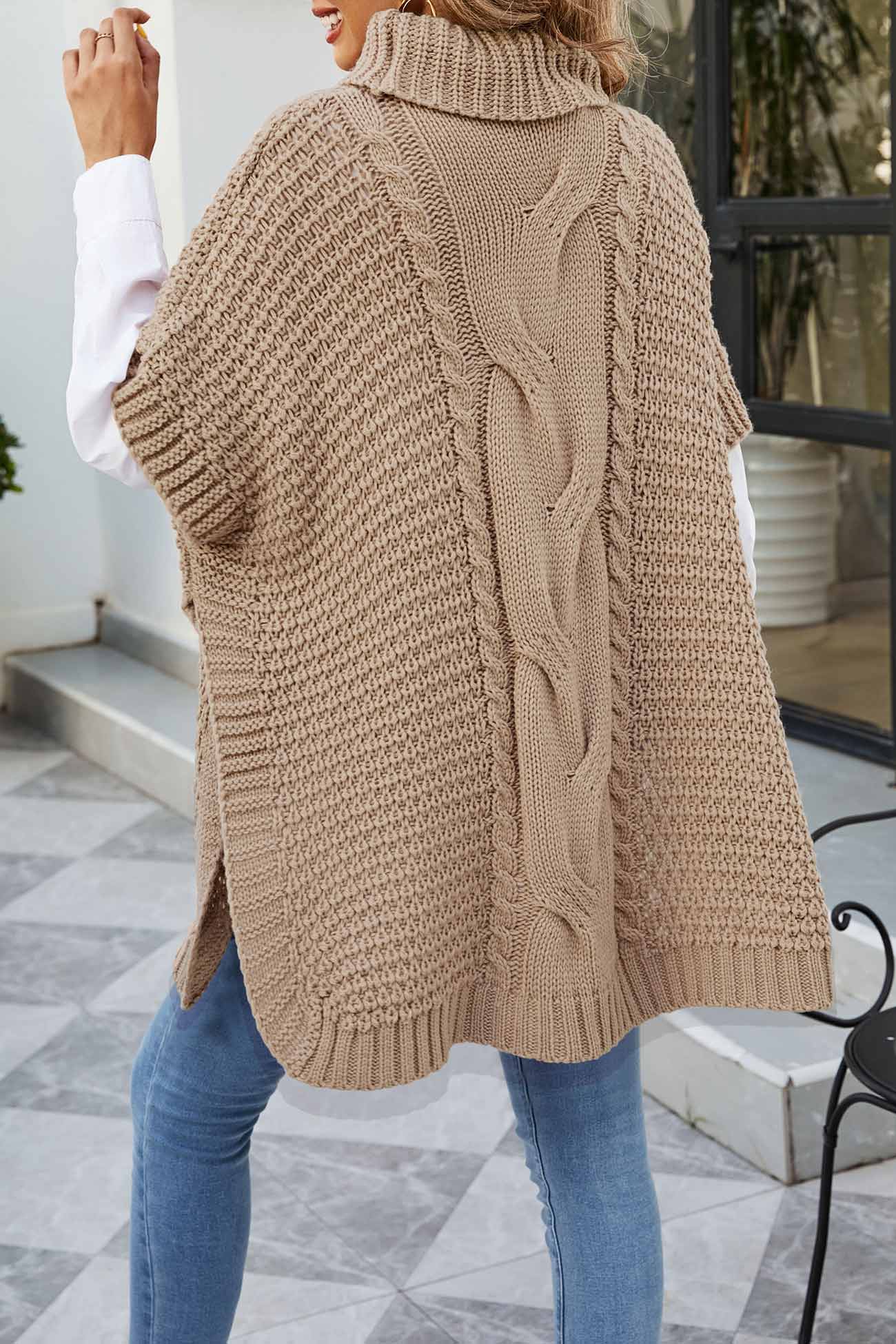 Cable Knit Poncho Sweater for Women - Turtleneck - Image 8