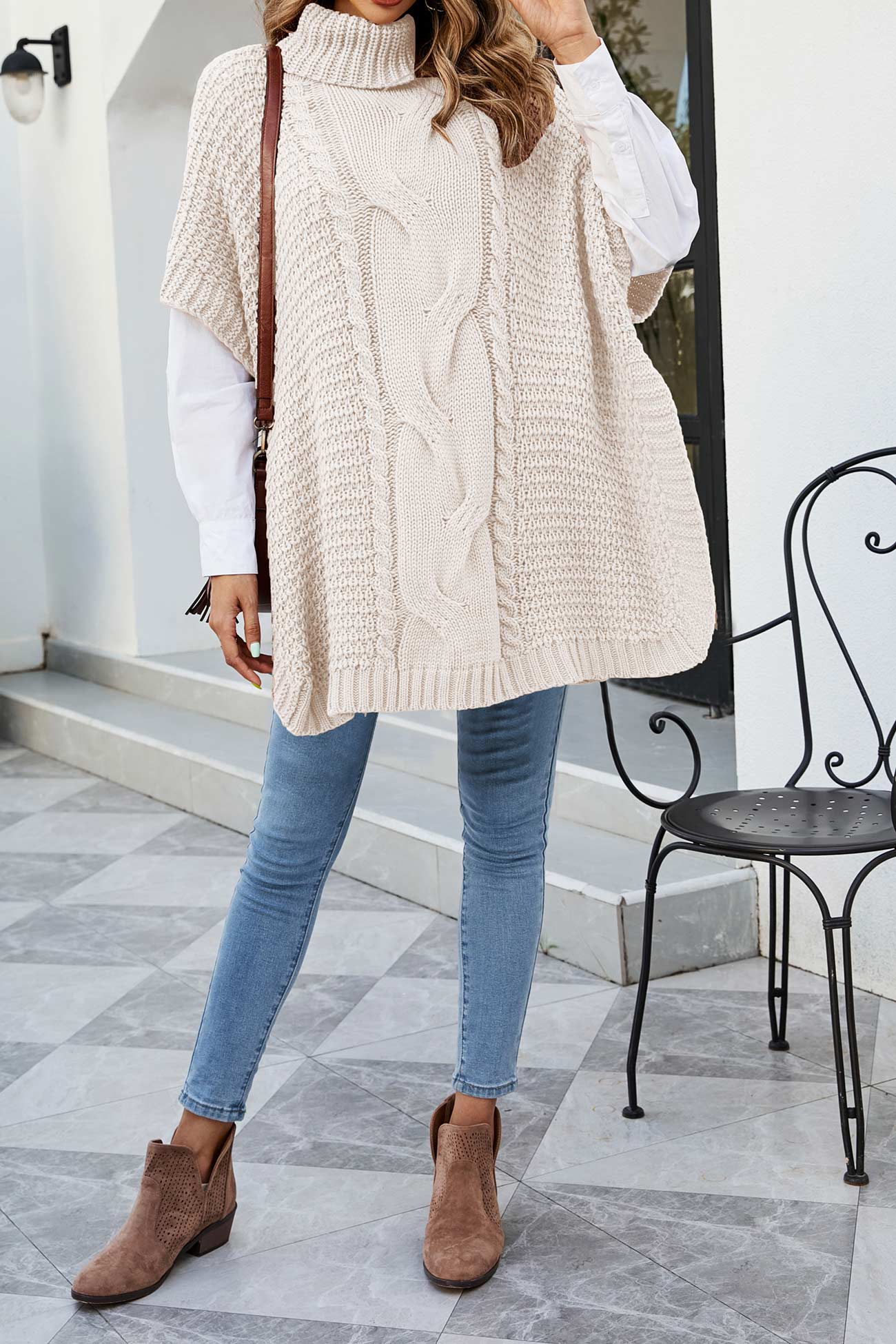 Cable Knit Poncho Sweater for Women - Turtleneck - Image 2