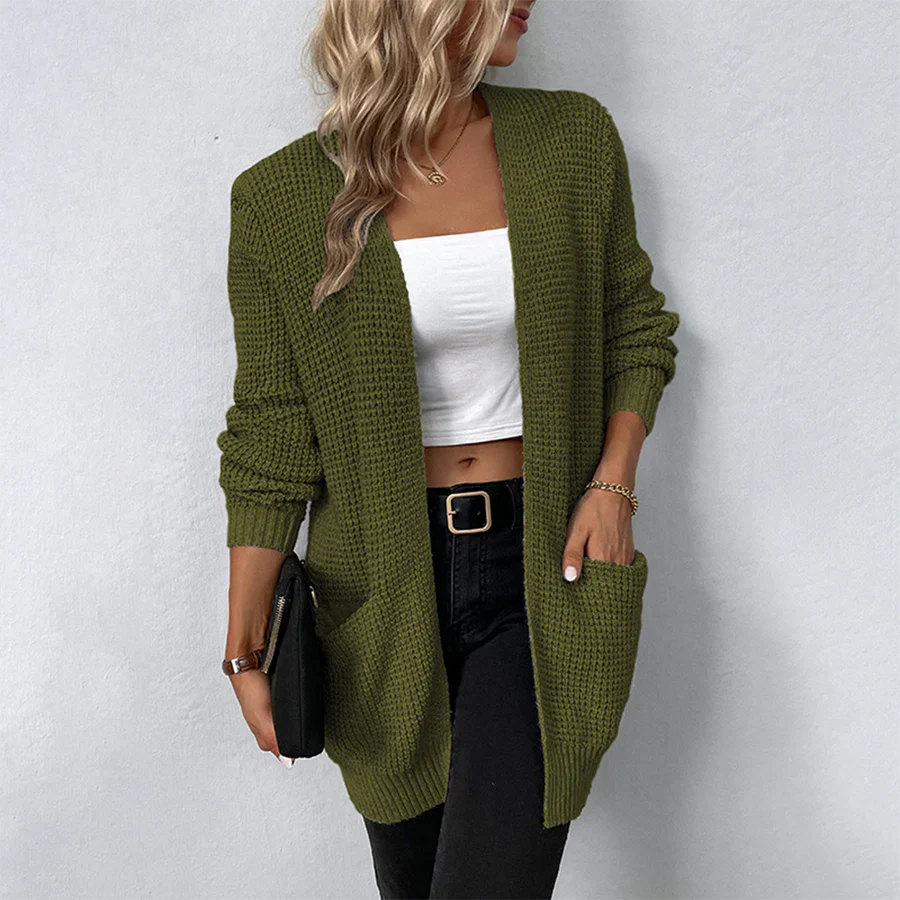 Knit Open Front Cardigan for Women - Patch Pockets - Image 1