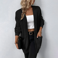 Knit Open Front Cardigan for Women - Patch Pockets - Image 2