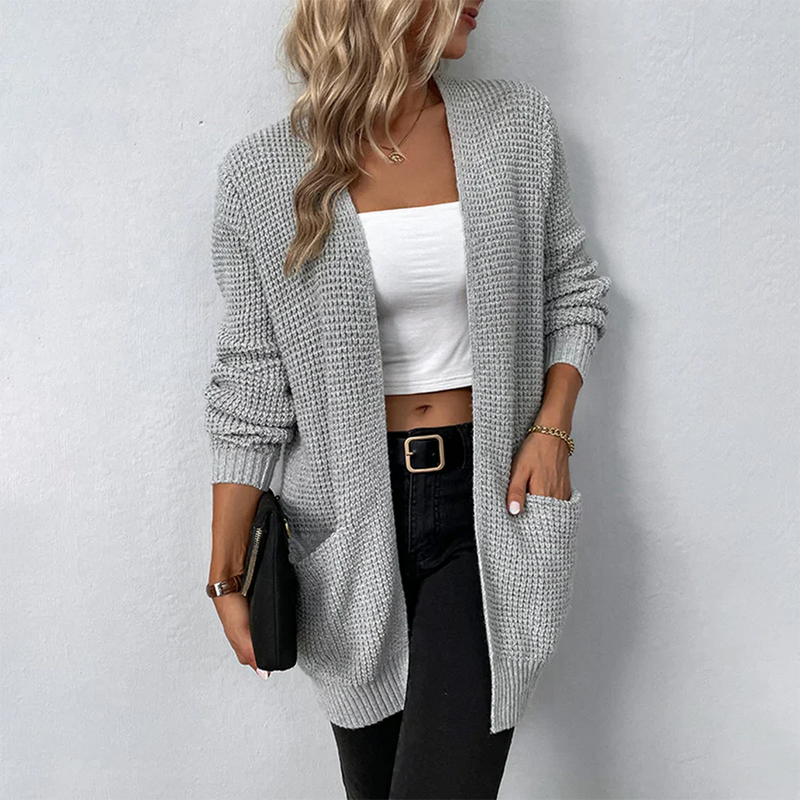 Knit Open Front Cardigan for Women - Patch Pockets - Image 3