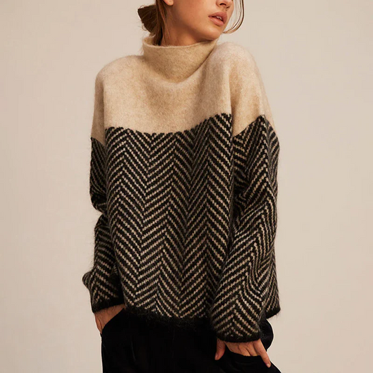 Turtleneck Color Block Sweater for Women - Long Sleeve - Image 1