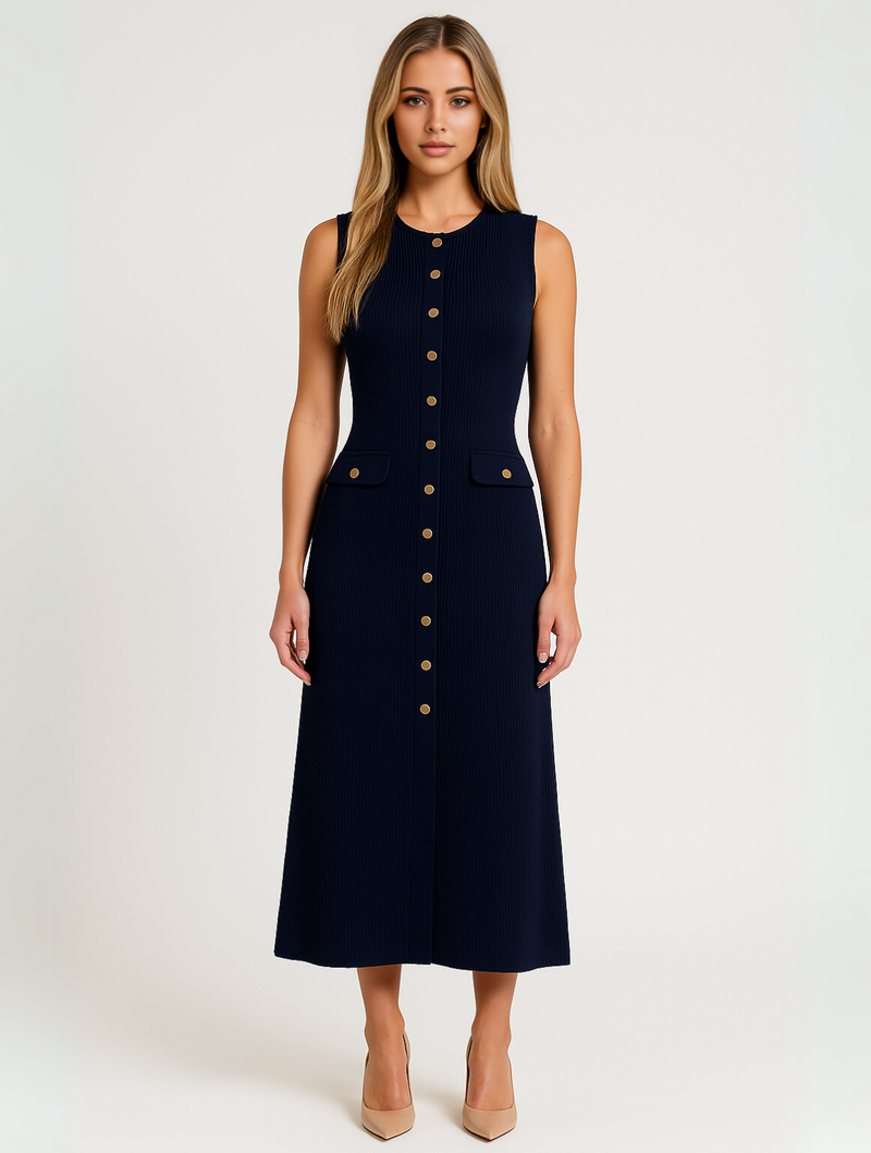 Ribbed Midi Dress for Women - Button-Front A-Line - Image 1