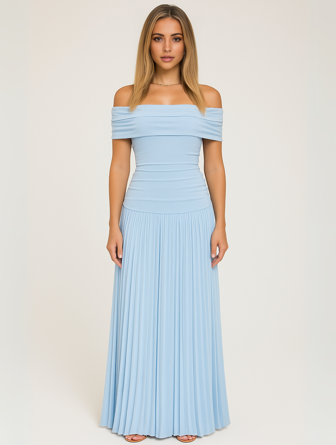 Off-the-Shoulder Pleated Maxi Dress for women - Fitted Bodice Ruched - Floor Length - Image 5
