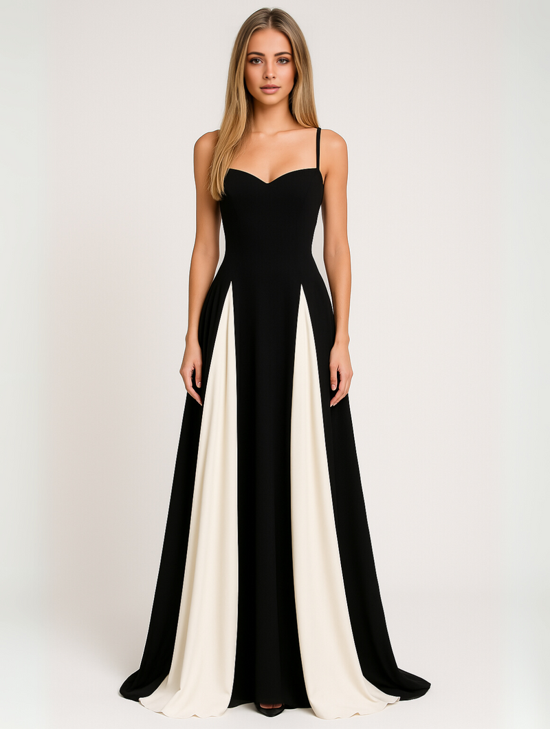 A-Line Evening Dress for Women - Spaghetti Strap Color Block - Image 1