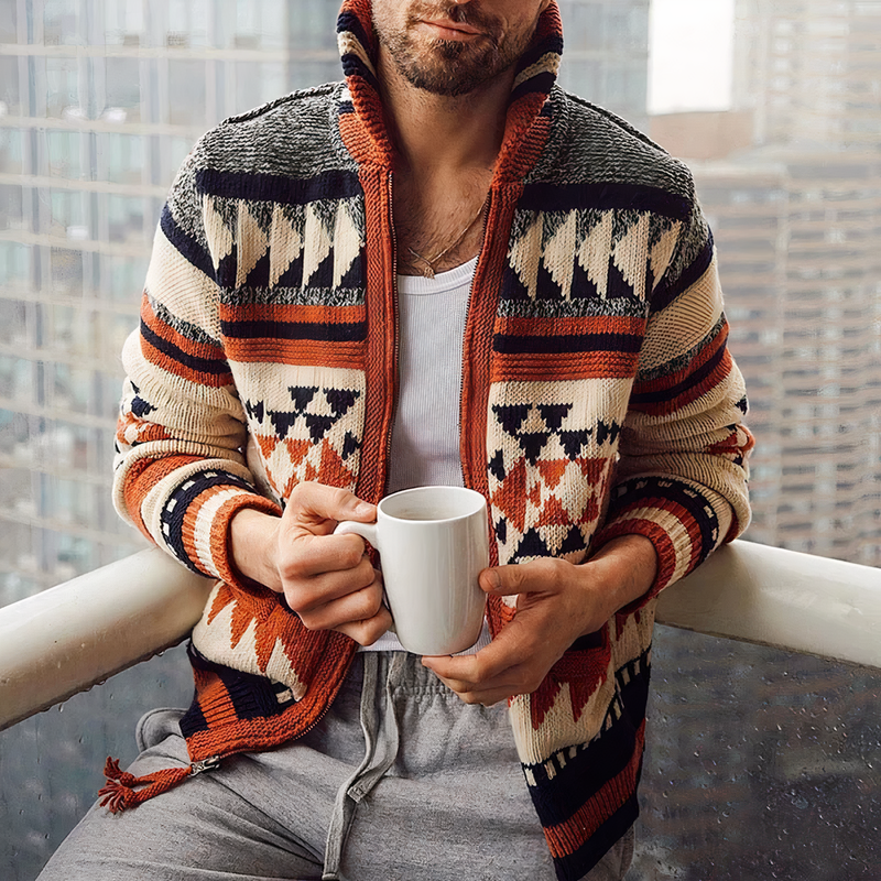 Patterned Hooded Zip-Up Jacket for Men - Long Sleeve - Image 1