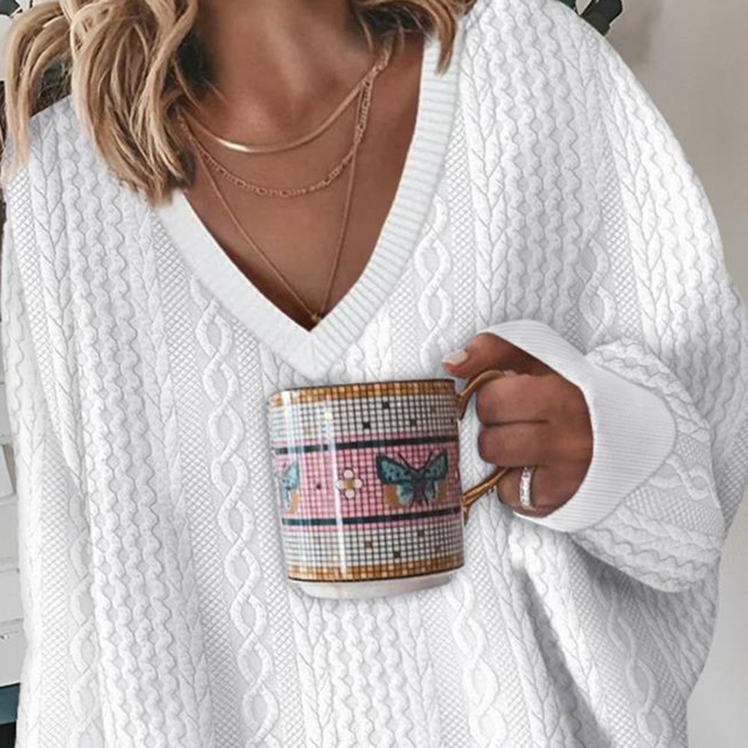 Cable Knit Oversized Sweater for Women - V-Neck - Image 2