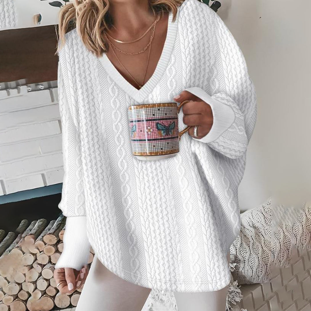 Cable Knit Oversized Sweater for Women - V-Neck - Image 1