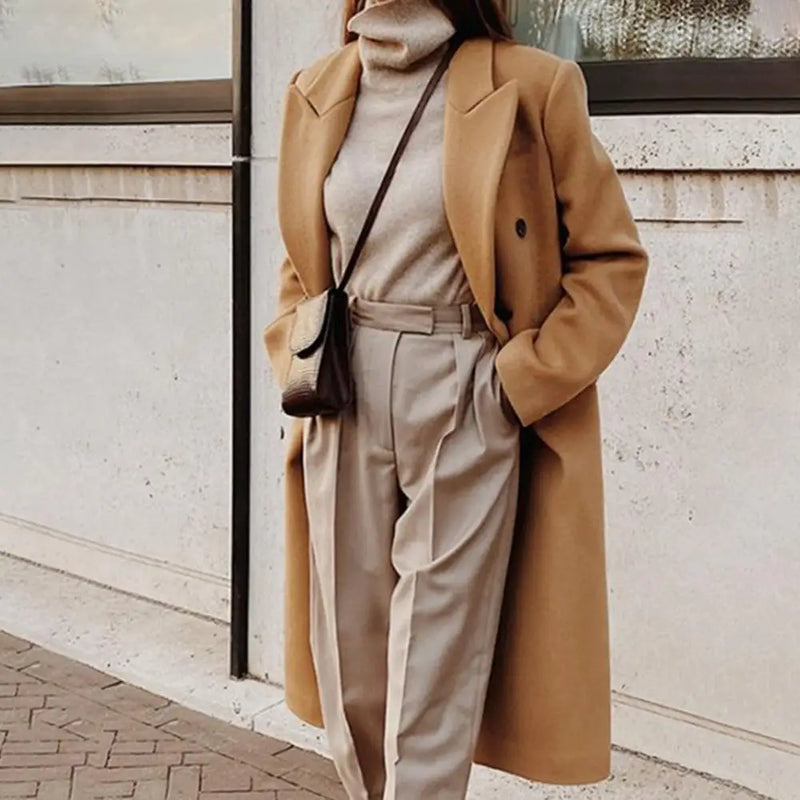 Double Breasted Long Coat for Women - Notched Lapel - Image 2