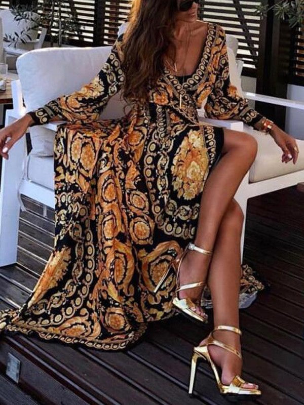 Maxi Dress for women - Long Sleeve Wrap Dress - V-Neck Thigh High Slit - Belted Boho Print - Image 6