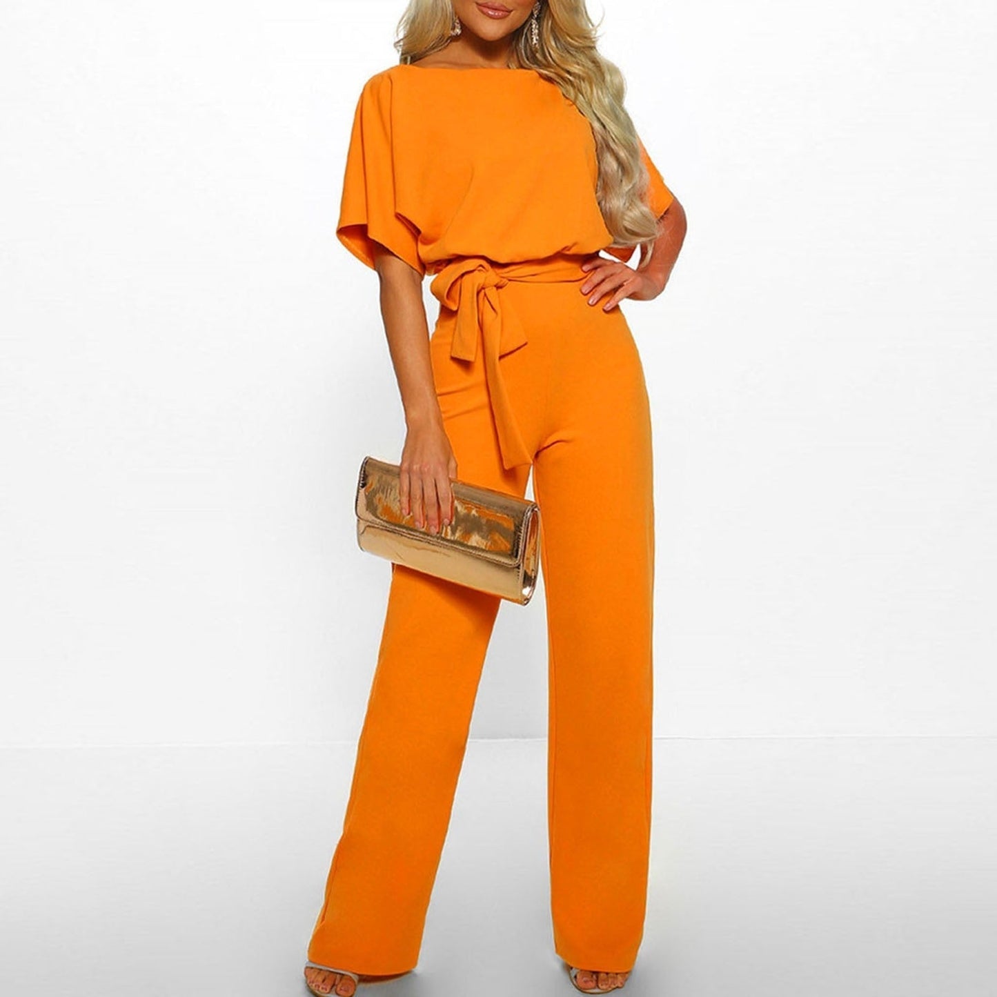 Wide Leg Jumpsuit for women - Belted Short Sleeve - Keyhole Back High Waisted - Image 9