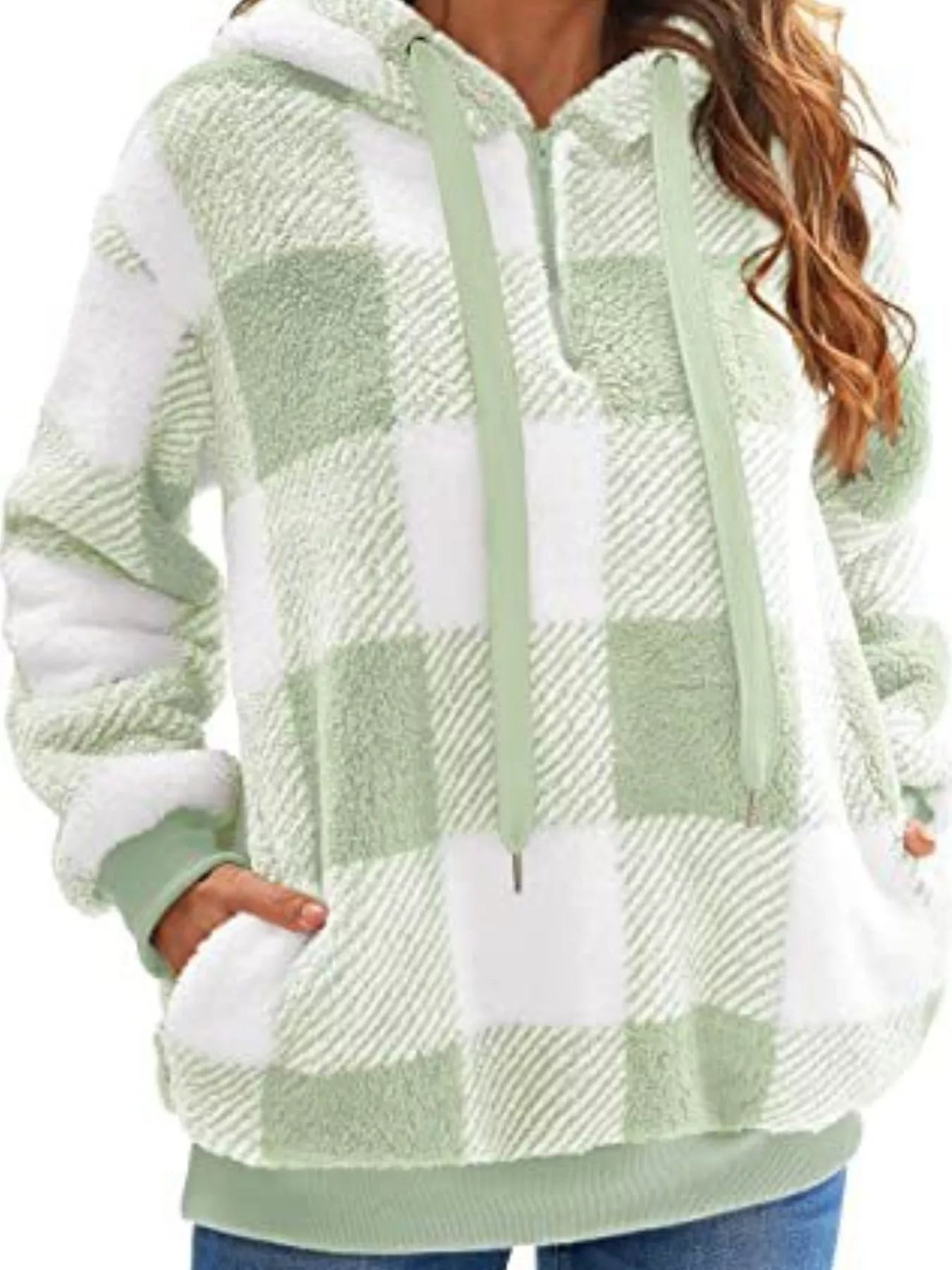 Plaid Hooded Pullover for Women - Half-Zip - Image 14