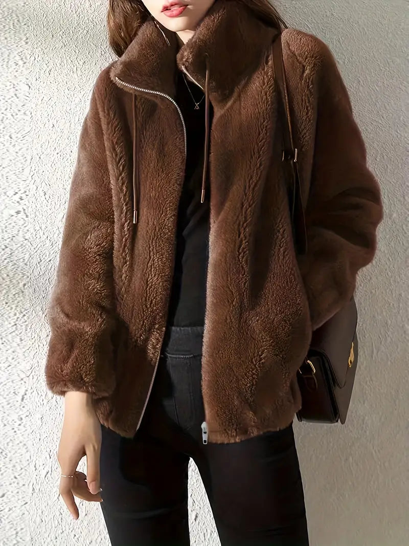 Faux Fur Zip-Up Jacket for Women - Long Sleeve - Image 3